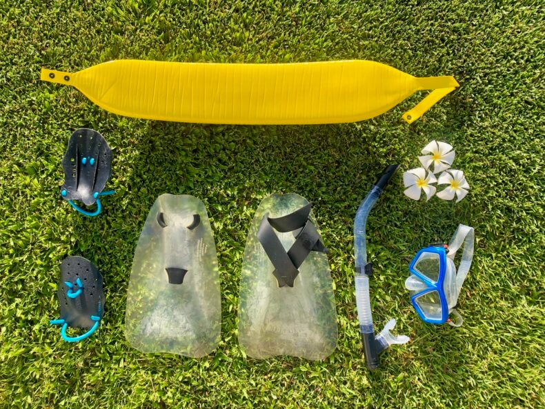 shinfin™ fins with mask, snorkel, hand paddles and flotation belt